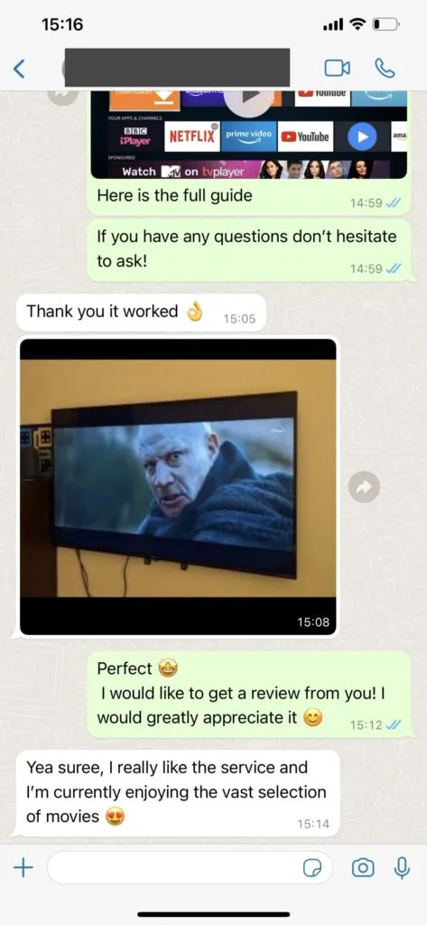 Real WhatsApp customer support conversation and instant setup assistance